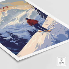 Avoriaz Skiing Print | French Alps Winter Decor featuring a skier on snowy slopes with mountains in the background.