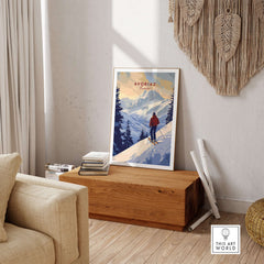 Avoriaz Skiing Print | French Alps Winter Decor showcasing a skier in a snowy alpine setting, perfect for winter decor.