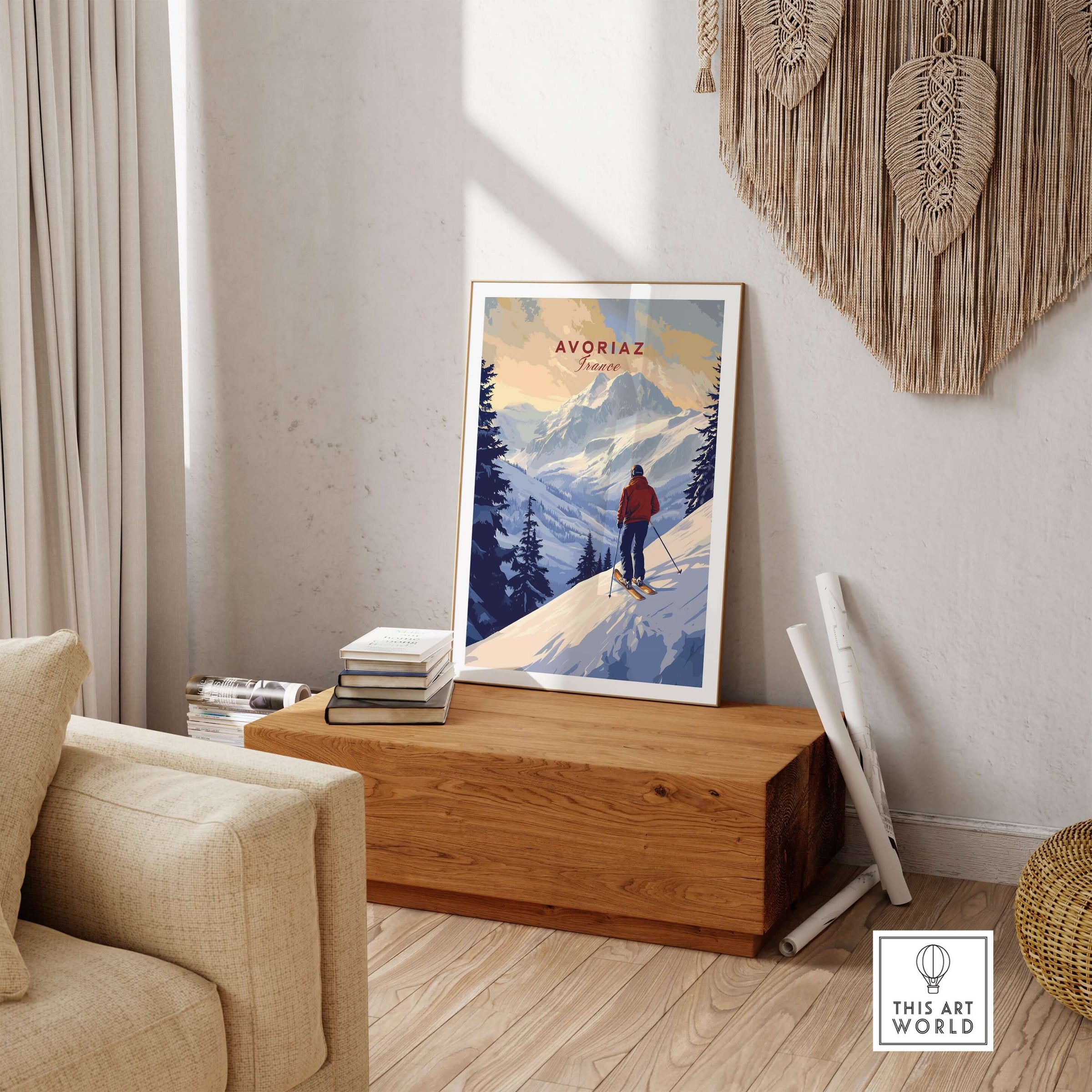 Avoriaz Skiing Print | French Alps Winter Decor showcasing a skier in a snowy alpine setting, perfect for winter decor.