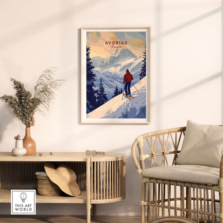 Avoriaz Skiing Print | French Alps Winter Decor featuring a skier on snowy slopes in a stylish interior setting.