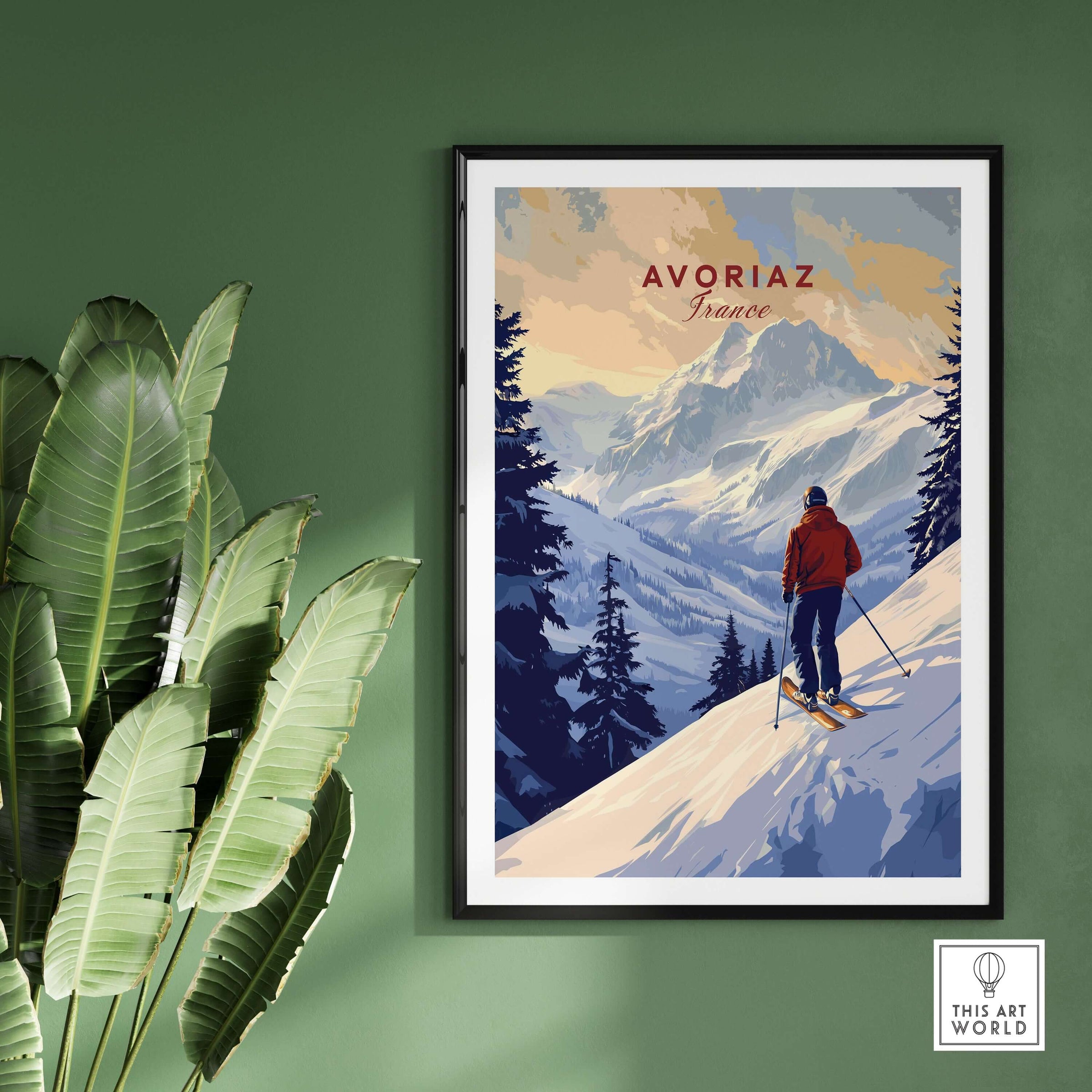 Avoriaz Skiing Print | French Alps Winter Decor showcasing a skier on snowy slopes against a mountain backdrop.