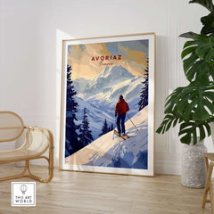 Avoriaz Skiing Print | French Alps Winter Decor featuring a skier in a snowy alpine landscape.