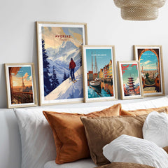 Avoriaz Skiing Print | French Alps Winter Decor featuring framed artwork on a stylish wall arrangement.