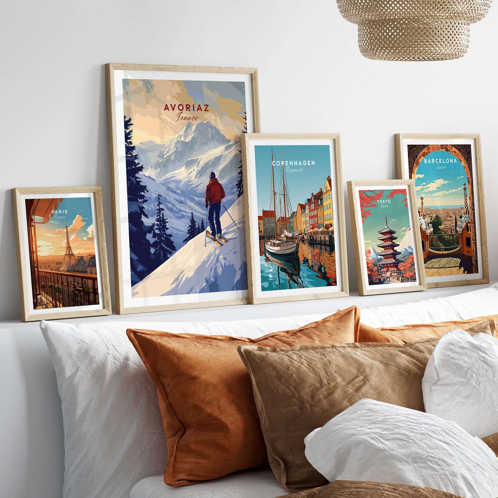 Avoriaz Skiing Print | French Alps Winter Decor featuring framed artwork on a stylish wall arrangement.