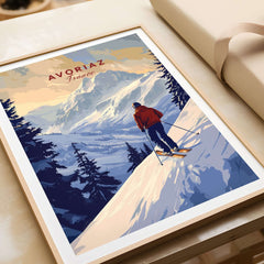 Avoriaz Skiing Print | French Alps Winter Decor featuring a skier on snowy slopes with mountain backdrop.