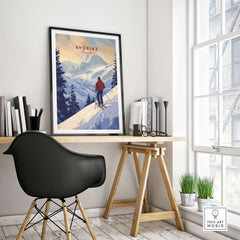 Avoriaz Skiing Print | French Alps Winter Decor displayed in a modern room with mountains and skier artwork.