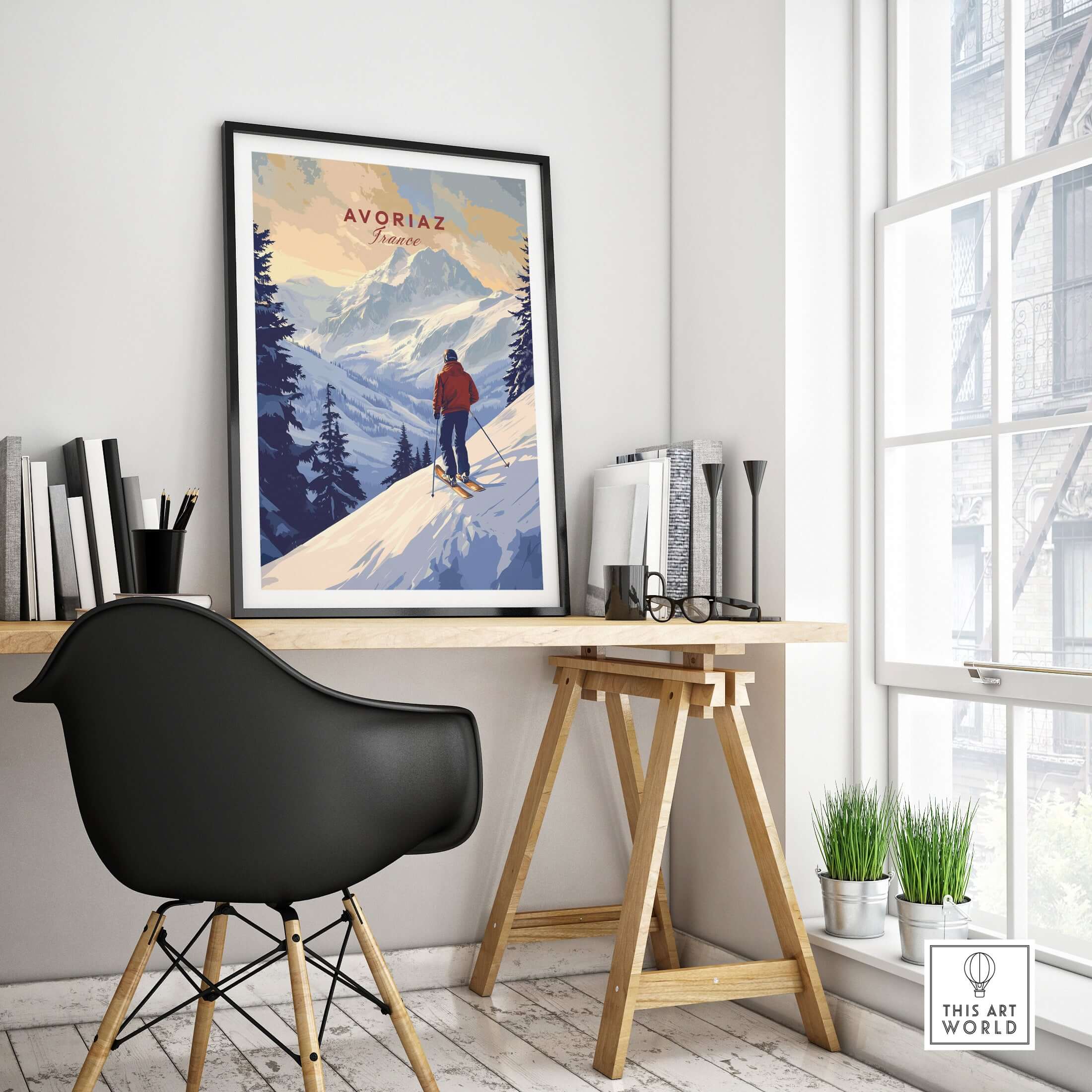Avoriaz Skiing Print | French Alps Winter Decor displayed in a modern room with mountains and skier artwork.