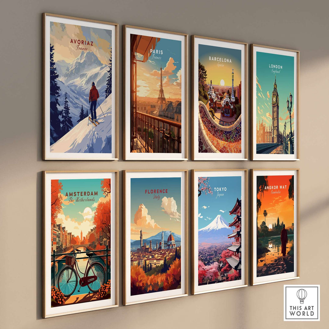 Avoriaz Skiing Print | French Alps Winter Decor collection of travel posters on a wall featuring various cityscapes.