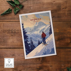 Avoriaz Skiing Print | French Alps Winter Decor showcasing a skier on snowy slopes with majestic mountains in the background.