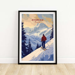 Avoriaz Skiing Print | French Alps Winter Decor showcasing a skier on snowy slopes with a mountain backdrop.
