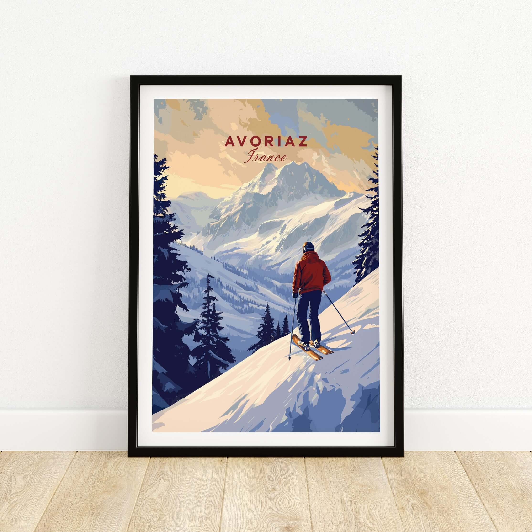 Avoriaz Skiing Print | French Alps Winter Decor showcasing a skier on snowy slopes with a mountain backdrop.