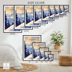 Avoriaz Skiing Print | French Alps Winter Decor size guide showcasing various frame dimensions