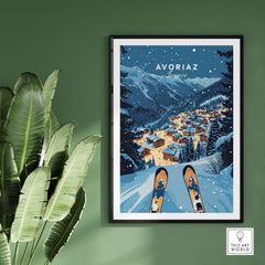 Avoriaz Poster - Winter Chalets Print | French Ski Home Decor showcasing snowy mountains and winter chalets.
