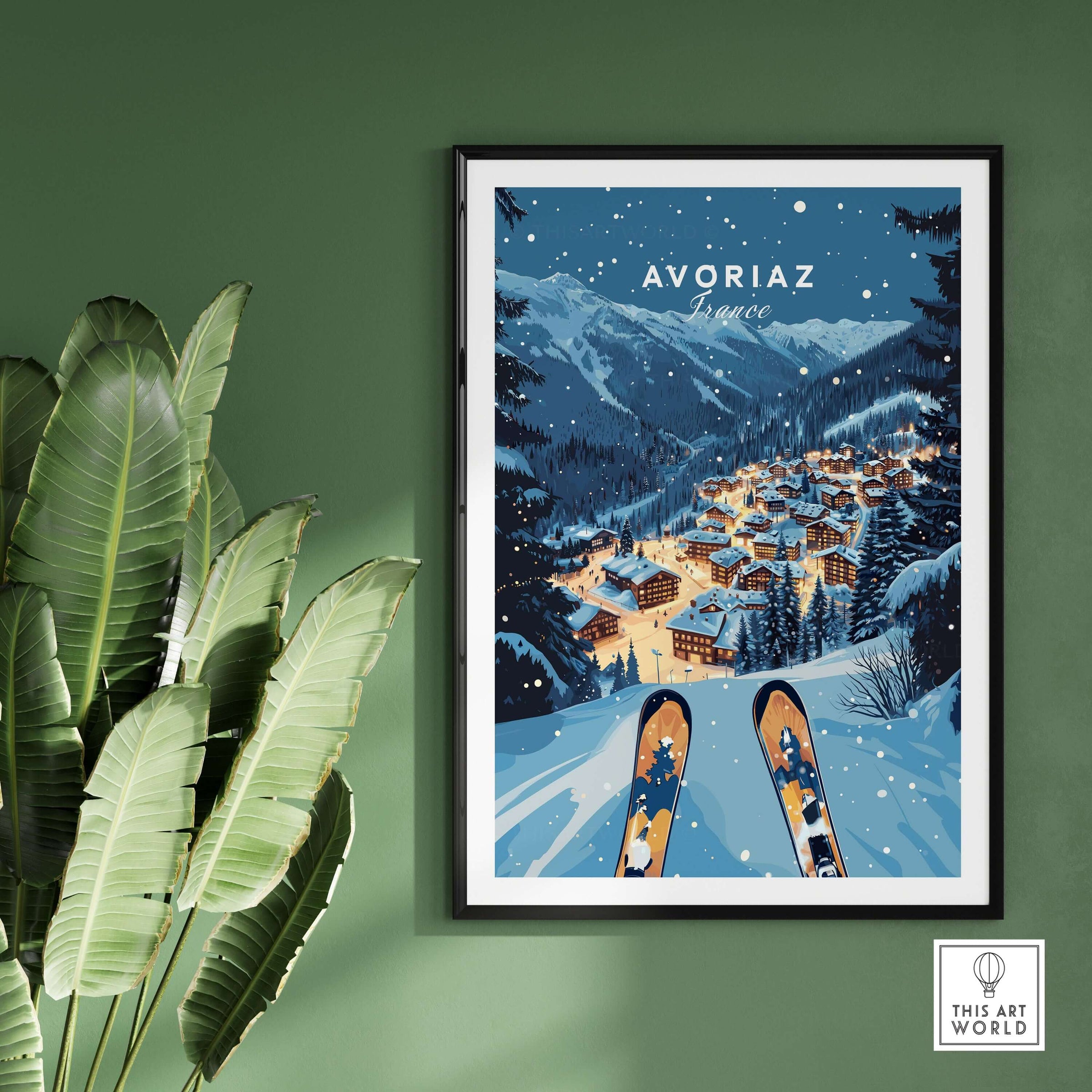 Avoriaz Poster - Winter Chalets Print | French Ski Home Decor showcasing snowy mountains and winter chalets.