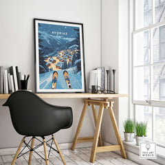 Avoriaz Poster - Winter Chalets Print | French Ski Home Decor enhancing a stylish workspace with alpine charm.