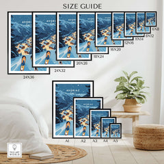Avoriaz Poster - Winter Chalets Print | French Ski Home Decor size guide with various frame options and dimensions.