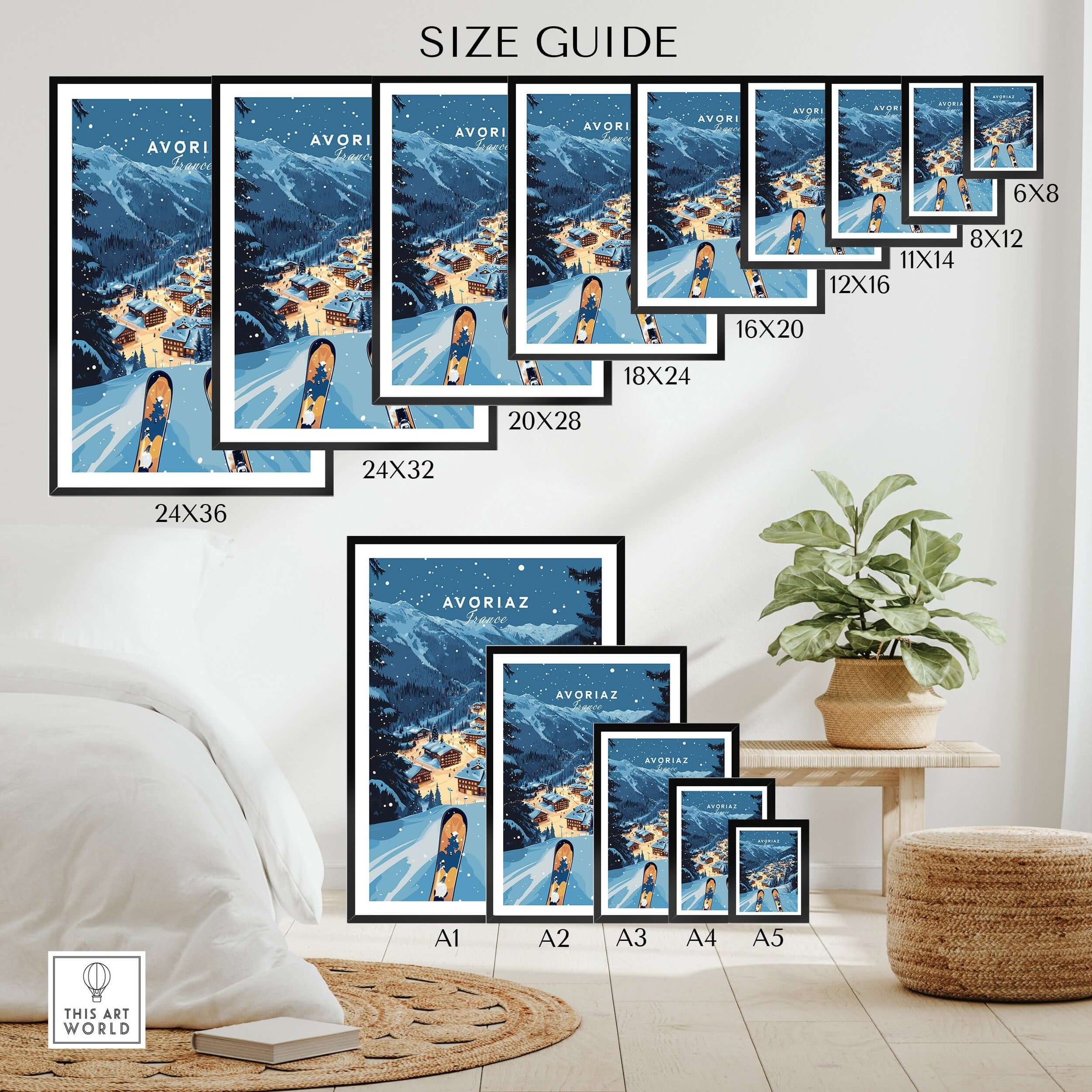 Avoriaz Poster - Winter Chalets Print | French Ski Home Decor size guide with various frame options and dimensions.