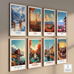 Avoriaz Ski Poster France Print showing vibrant mountain scenes and ski village artwork on a wall display.