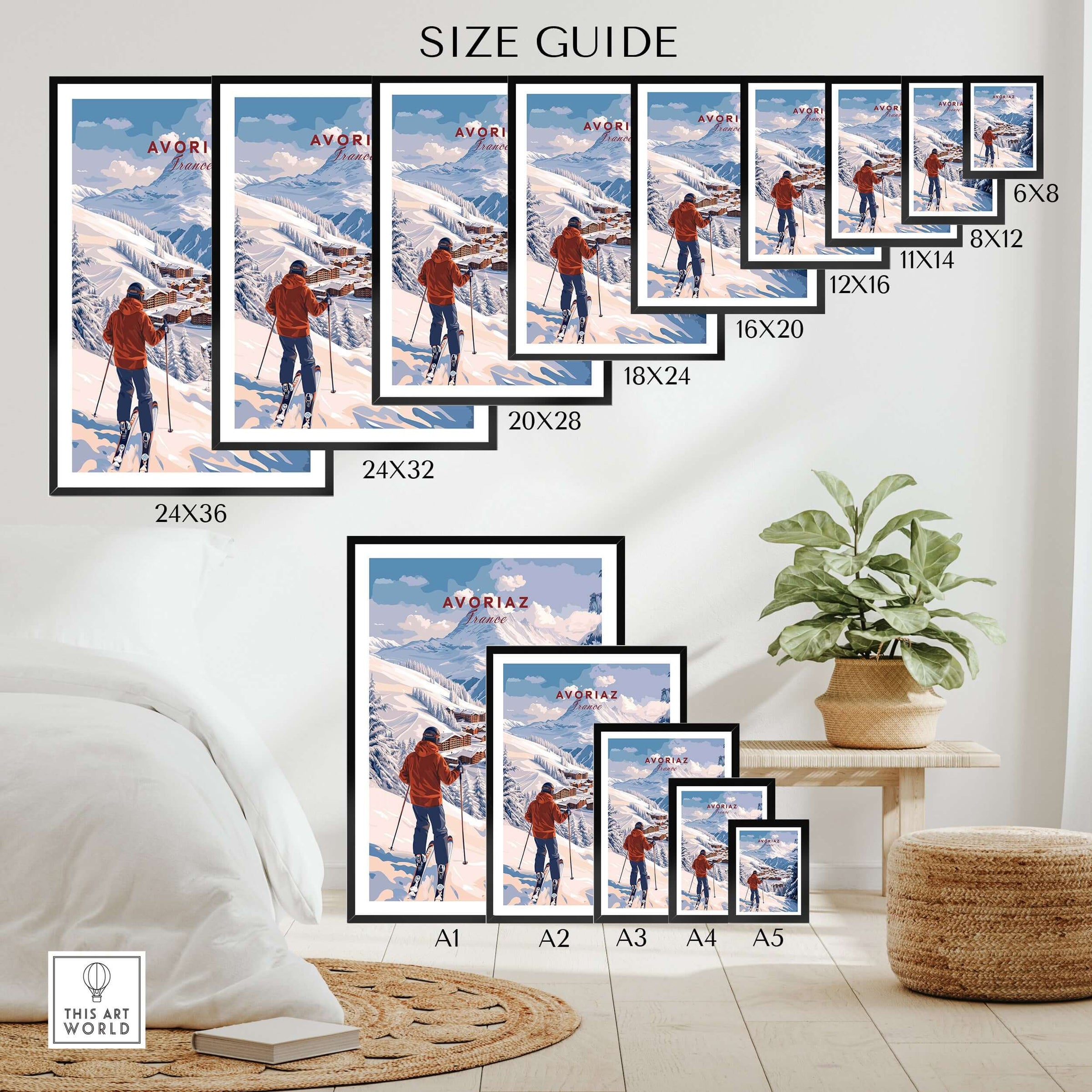 Avoriaz Portes du Soleil Slopes Ski Print | French Alps Wall Decor size guide with various framed print sizes.