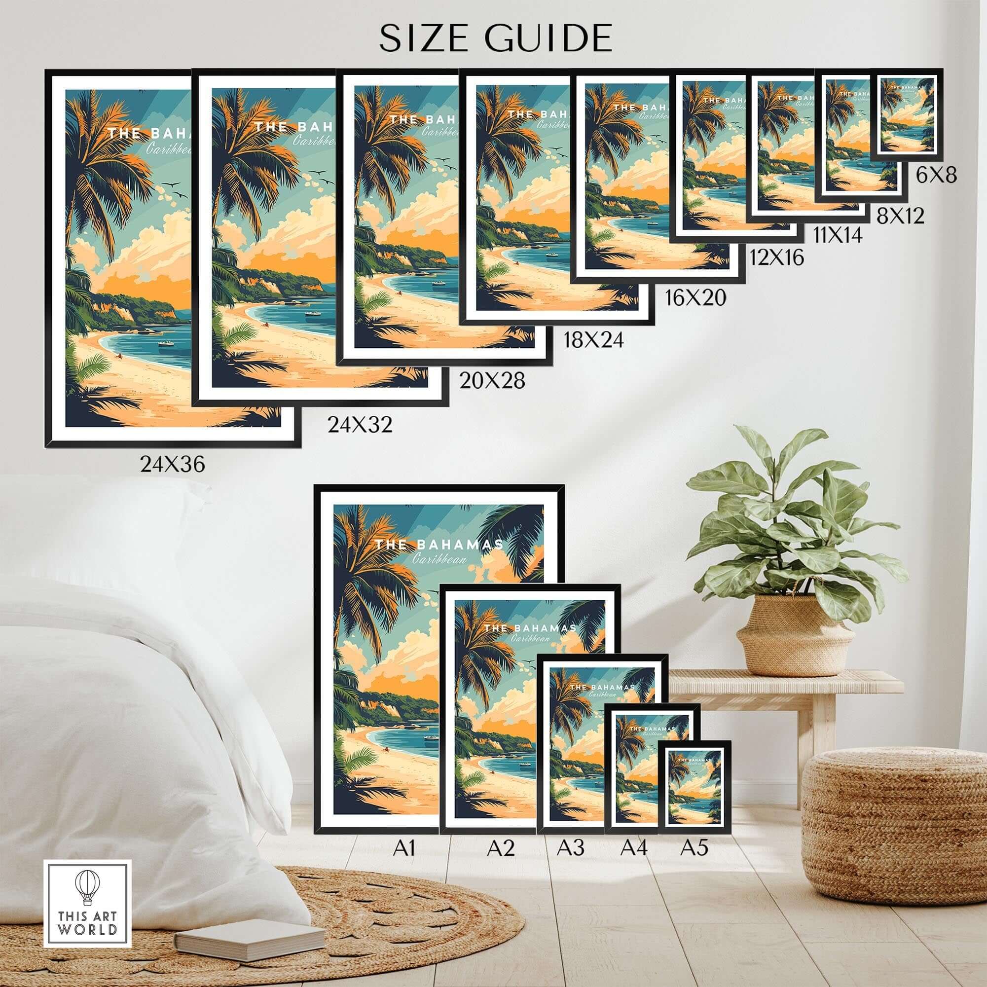 Bahamas Caribbean Travel Print size guide showcasing various frame options for wall art.