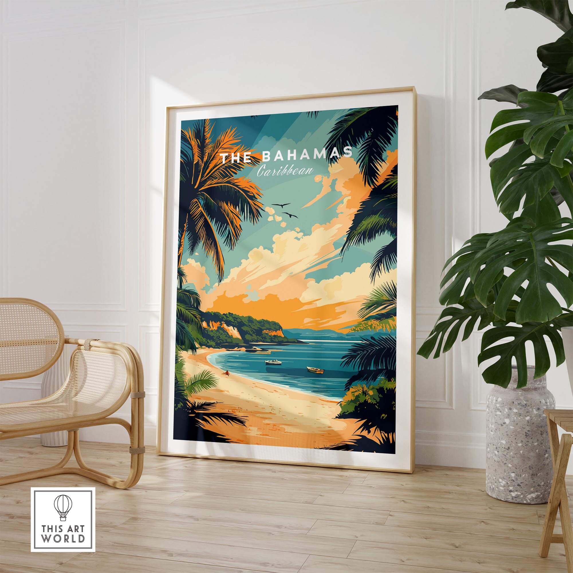 Bahamas Caribbean Travel Print featuring vibrant tropical artwork of the Bahamas with beach and palm trees.