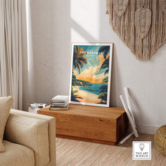 Bahamas Caribbean Travel Print displayed in a cozy living room, capturing the tropical essence of the Bahamas.