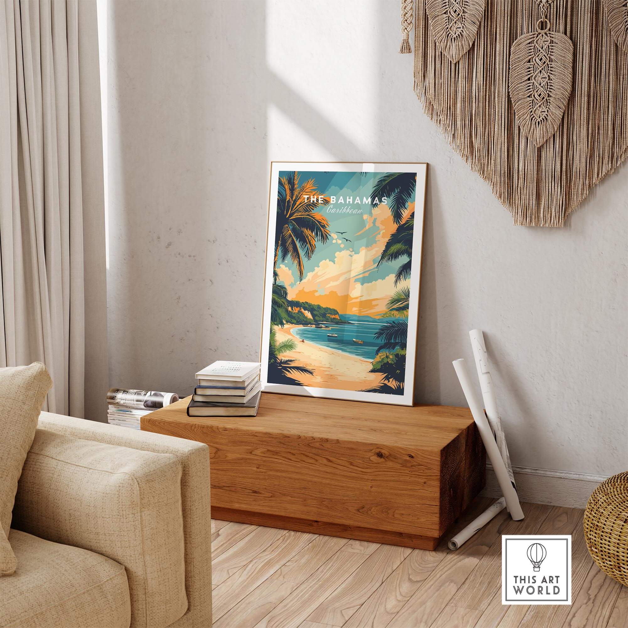 Bahamas Caribbean Travel Print displayed in a cozy living room, capturing the tropical essence of the Bahamas.