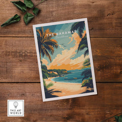 Bahamas Caribbean Travel Print featuring a vibrant beach scene with palm trees and clear waters, perfect for tropical decor.
