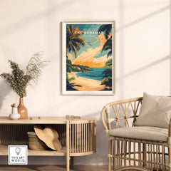 Bahamas Caribbean Travel Print featuring a tropical beach scene with palm trees and sunset colors in a modern home setting.