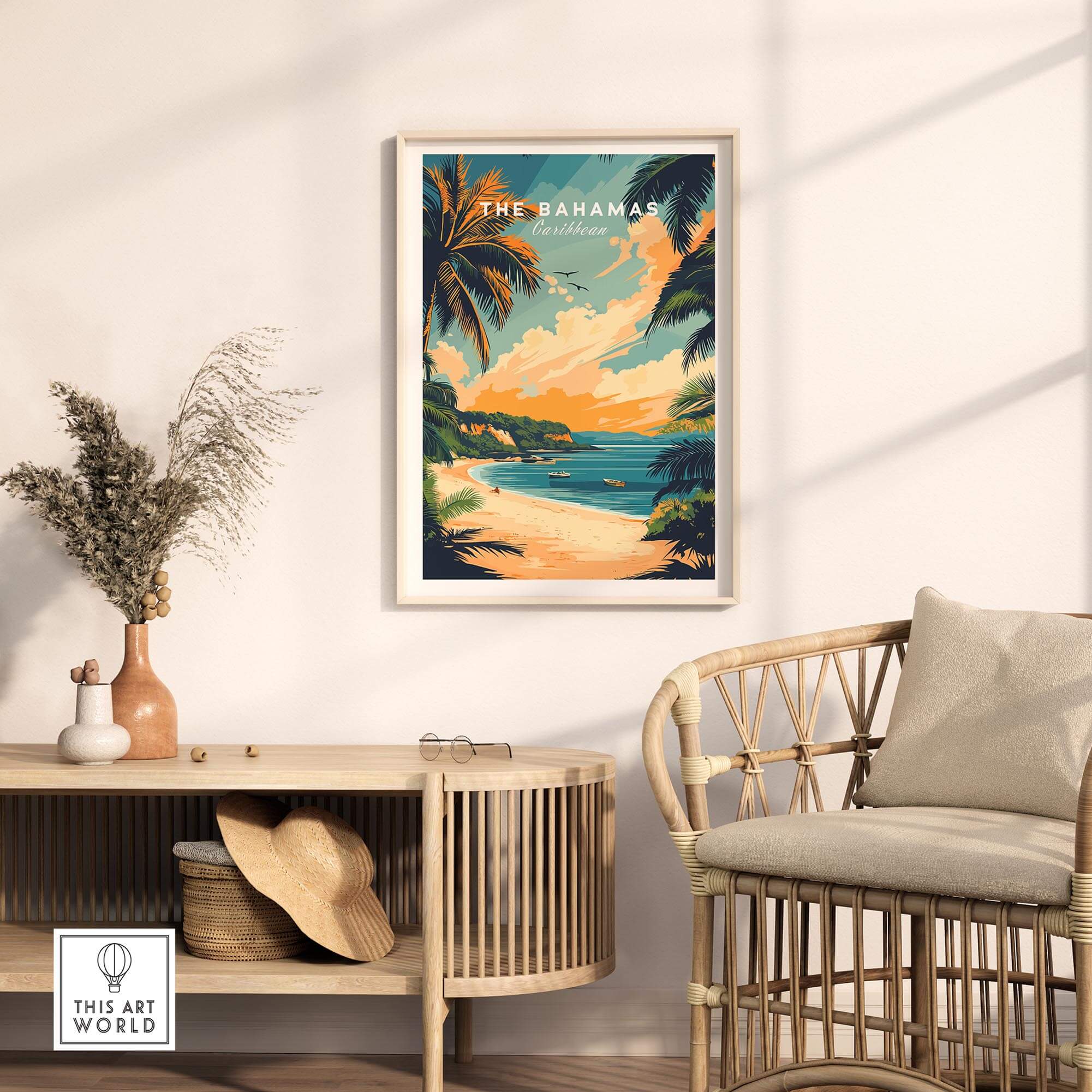 Bahamas Caribbean Travel Print featuring a tropical beach scene with palm trees and sunset colors in a modern home setting.