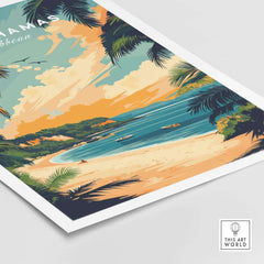 Bahamas Caribbean Travel Print featuring a serene beach scene with tropical foliage and colorful sunset.