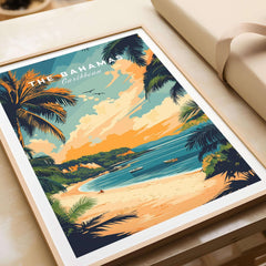Bahamas Caribbean Travel Print featuring a colorful tropical beach scene with palm trees and a serene ocean view.