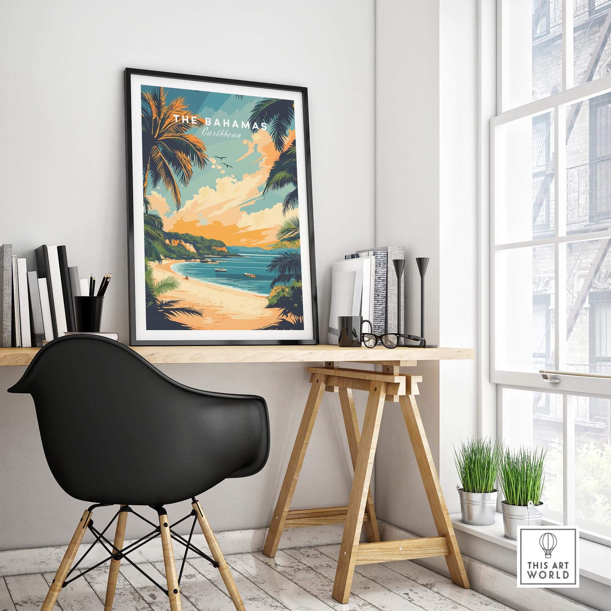 Bahamas Caribbean Travel Print featuring a tropical beach scene on a stylish desk with a modern chair.