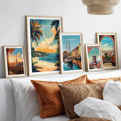 Bahamas Caribbean Travel Print showcasing vibrant tropical scenes and iconic cityscape wall art in a stylish home decor setting.