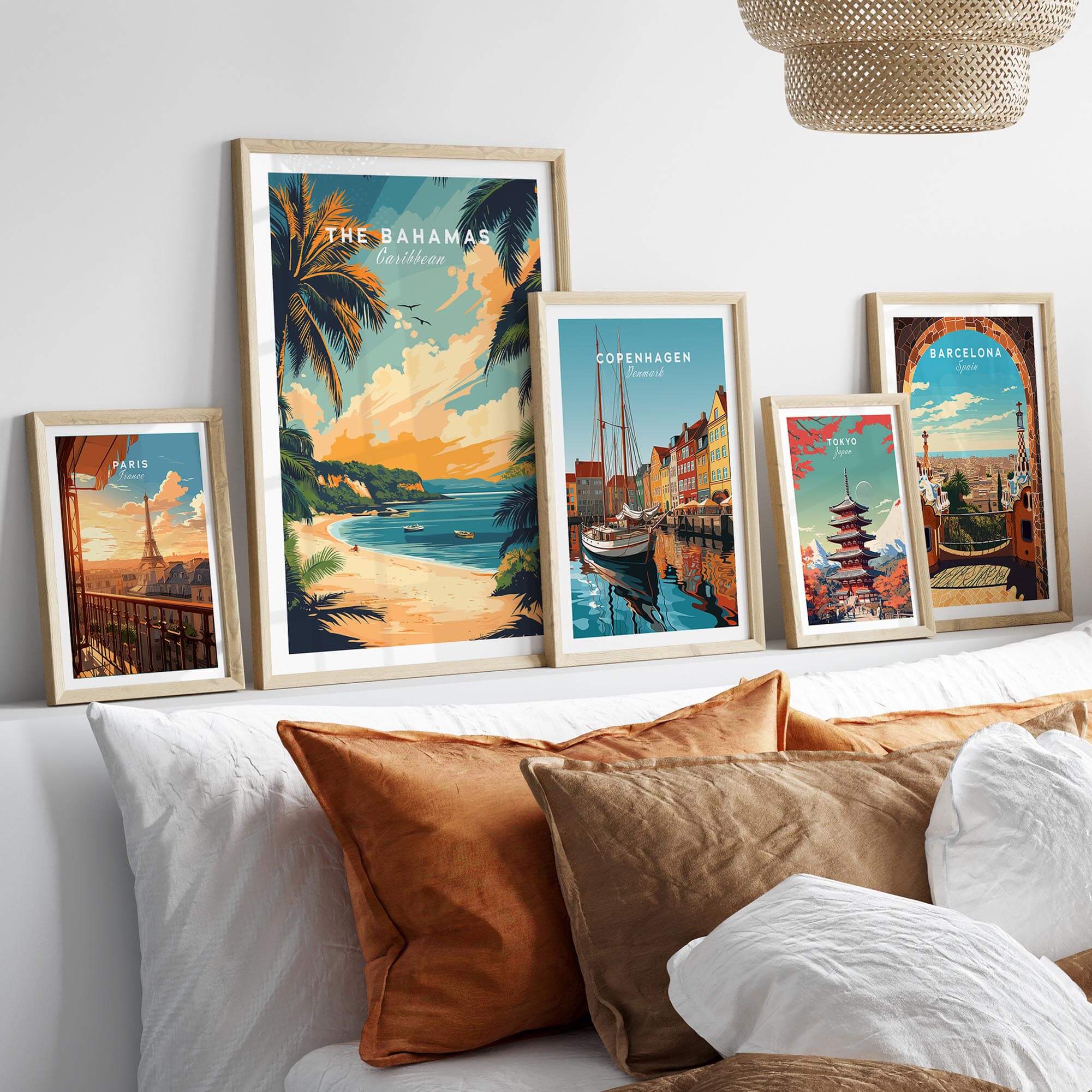 Bahamas Caribbean Travel Print showcasing vibrant tropical scenes and iconic cityscape wall art in a stylish home decor setting.