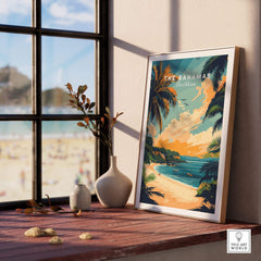 Bahamas Caribbean Travel Print showcased in a cozy interior setting with beach view and tropical decor.