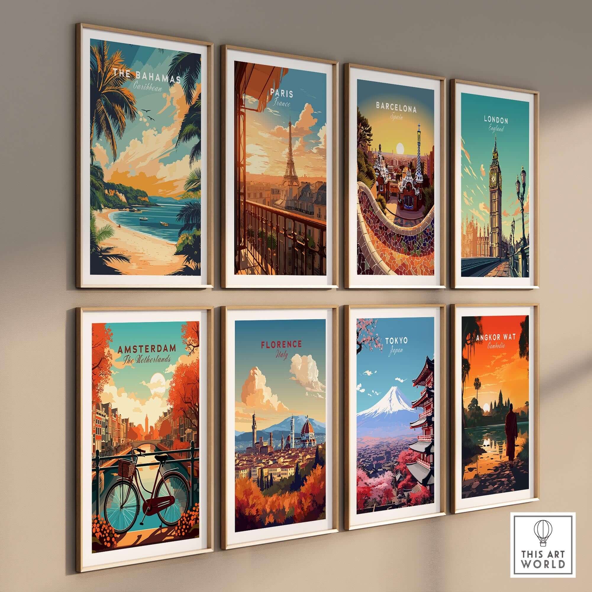 Bahamas Caribbean Travel Print collection featuring vibrant wall art of various world destinations.