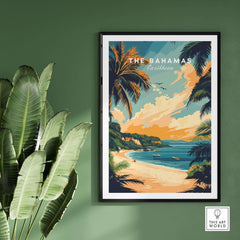 Bahamas Caribbean Travel Print showcasing a tropical scene with palm trees and a beach in vibrant colors.