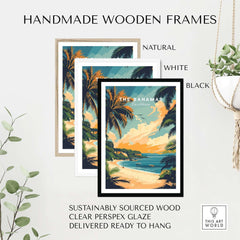 Handmade wooden frames in natural, white, and black colors for Bahamas Caribbean Travel Print