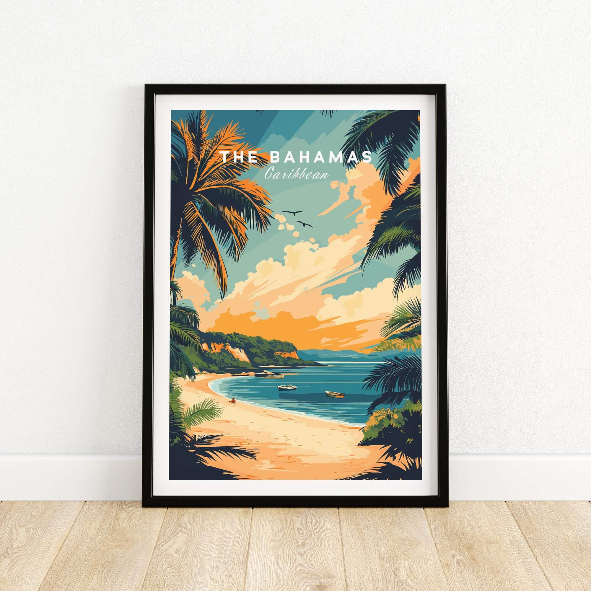 Bahamas Caribbean Travel Print featuring vibrant tropical beach scene with palm trees and sunset.