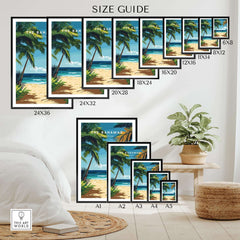 Size guide for Bahamas Print featuring various frame sizes with tropical beach design and palm trees.