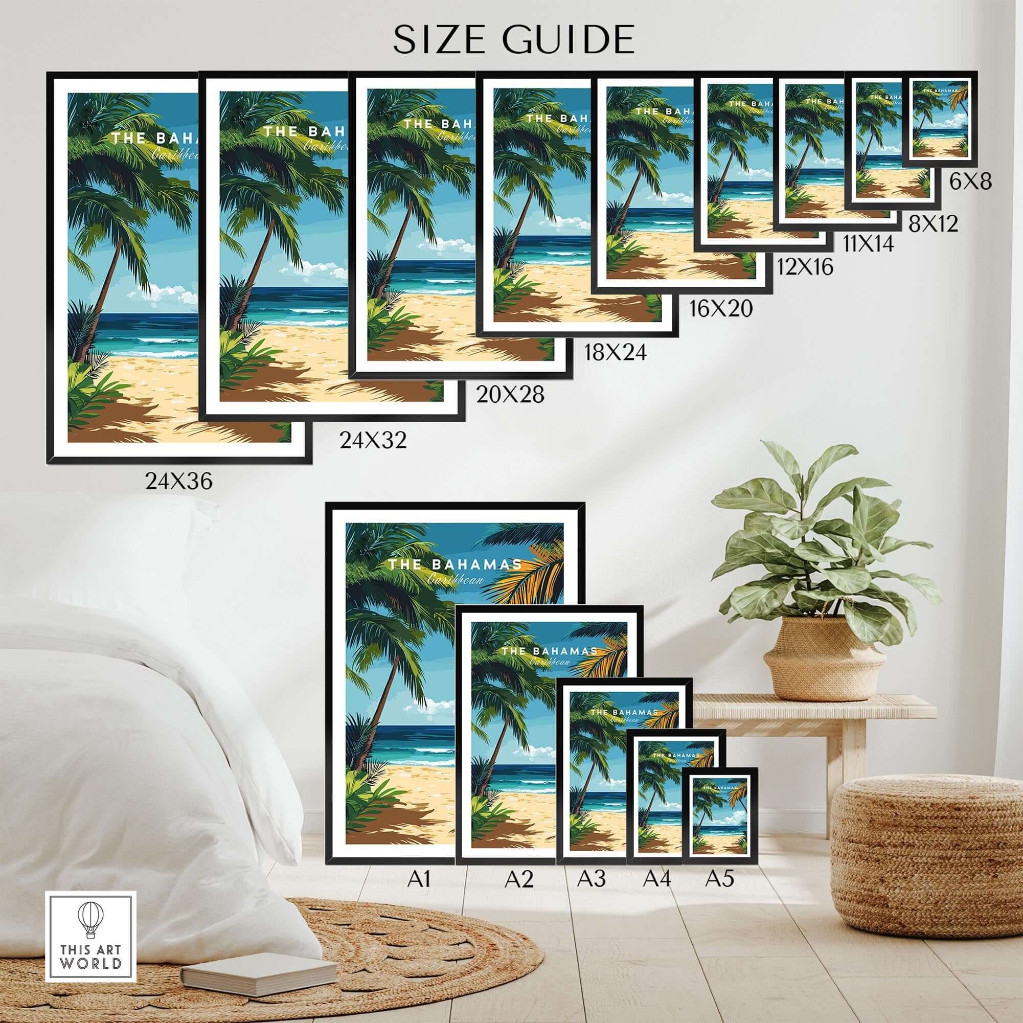 Size guide for Bahamas Print featuring various frame sizes with tropical beach design and palm trees.
