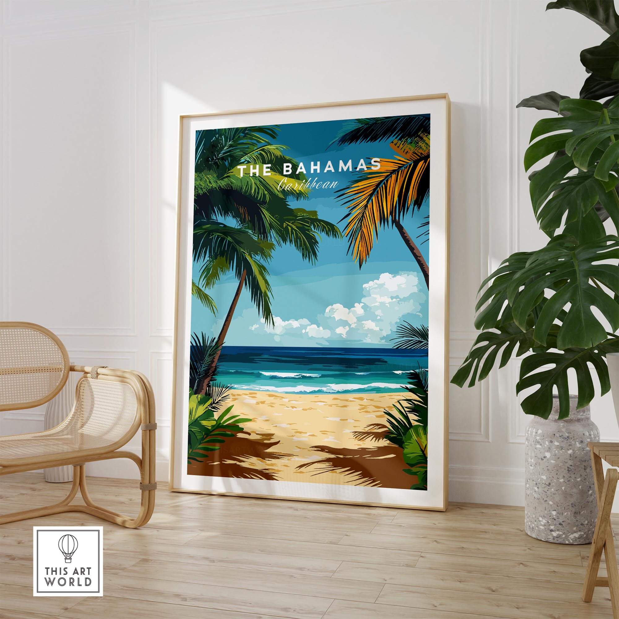 Bahamas Print vibrant Caribbean travel poster with palm trees and beach scenery.