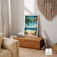 Bahamas Print featuring a vibrant Caribbean scene with palm trees and ocean, bringing paradise vibes to your space.