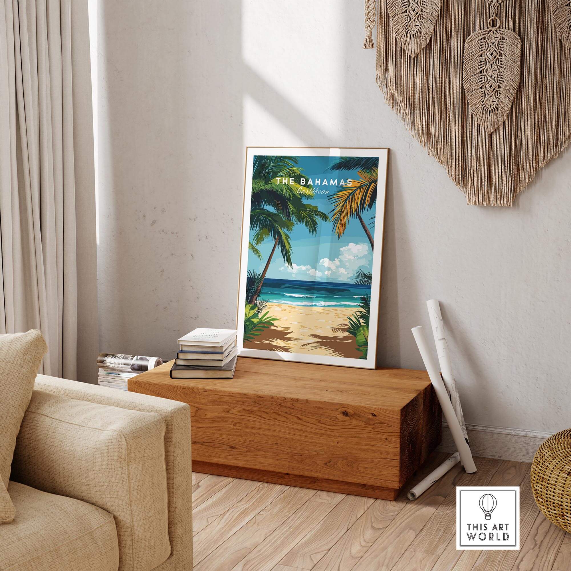 Bahamas Print featuring a vibrant Caribbean scene with palm trees and ocean, bringing paradise vibes to your space.