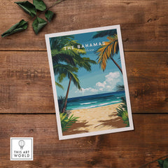 Bahamas Print featuring a tropical beach scene with palm trees and clear blue skies, perfect for Caribbean decor.