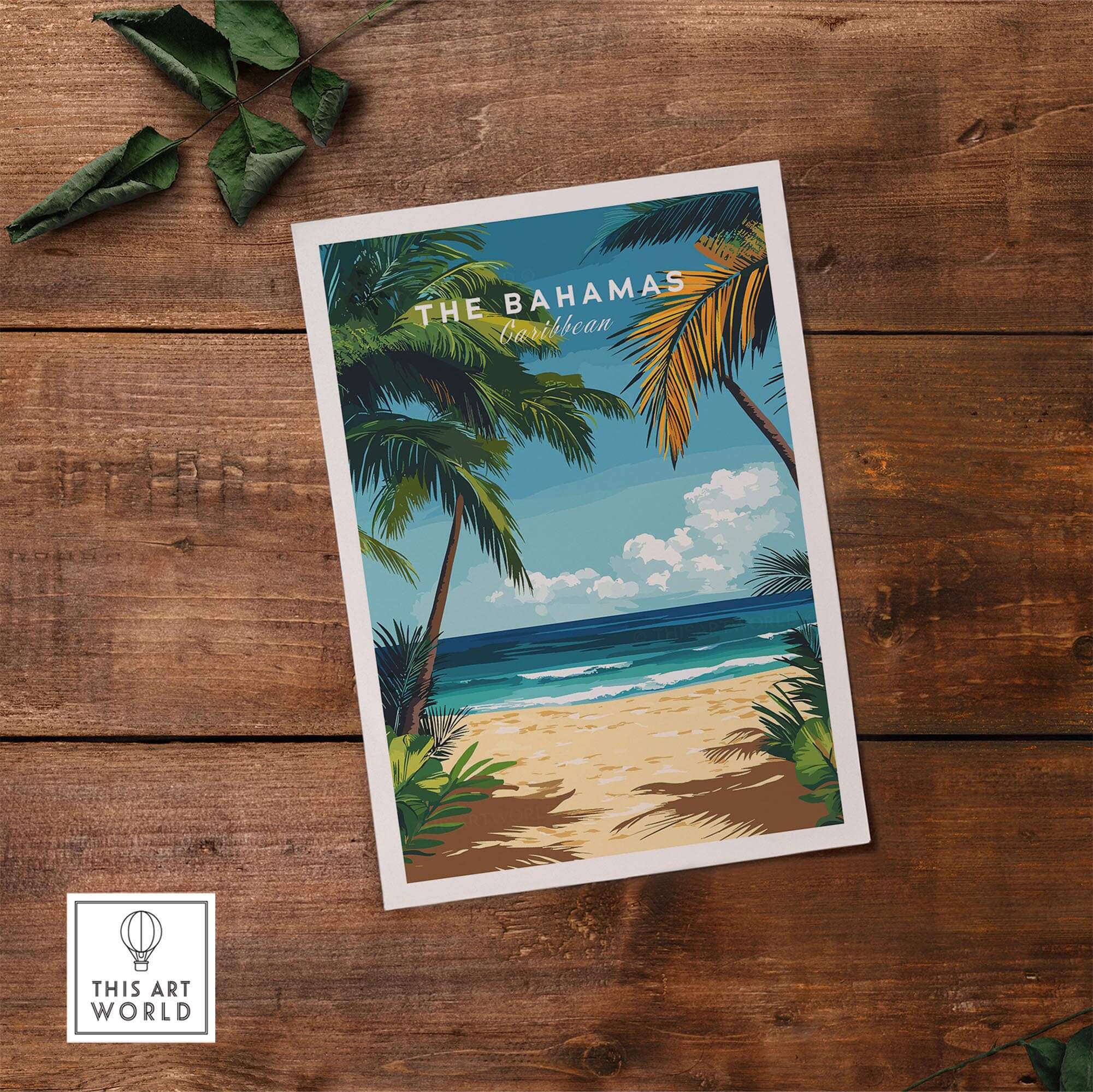 Bahamas Print featuring a tropical beach scene with palm trees and clear blue skies, perfect for Caribbean decor.
