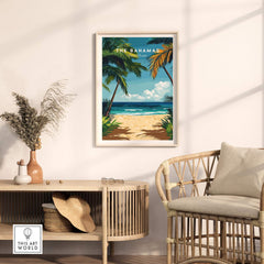 Bahamas Print vibrant travel poster featuring palm trees and a beach scene, perfect for adding island vibes to any room.