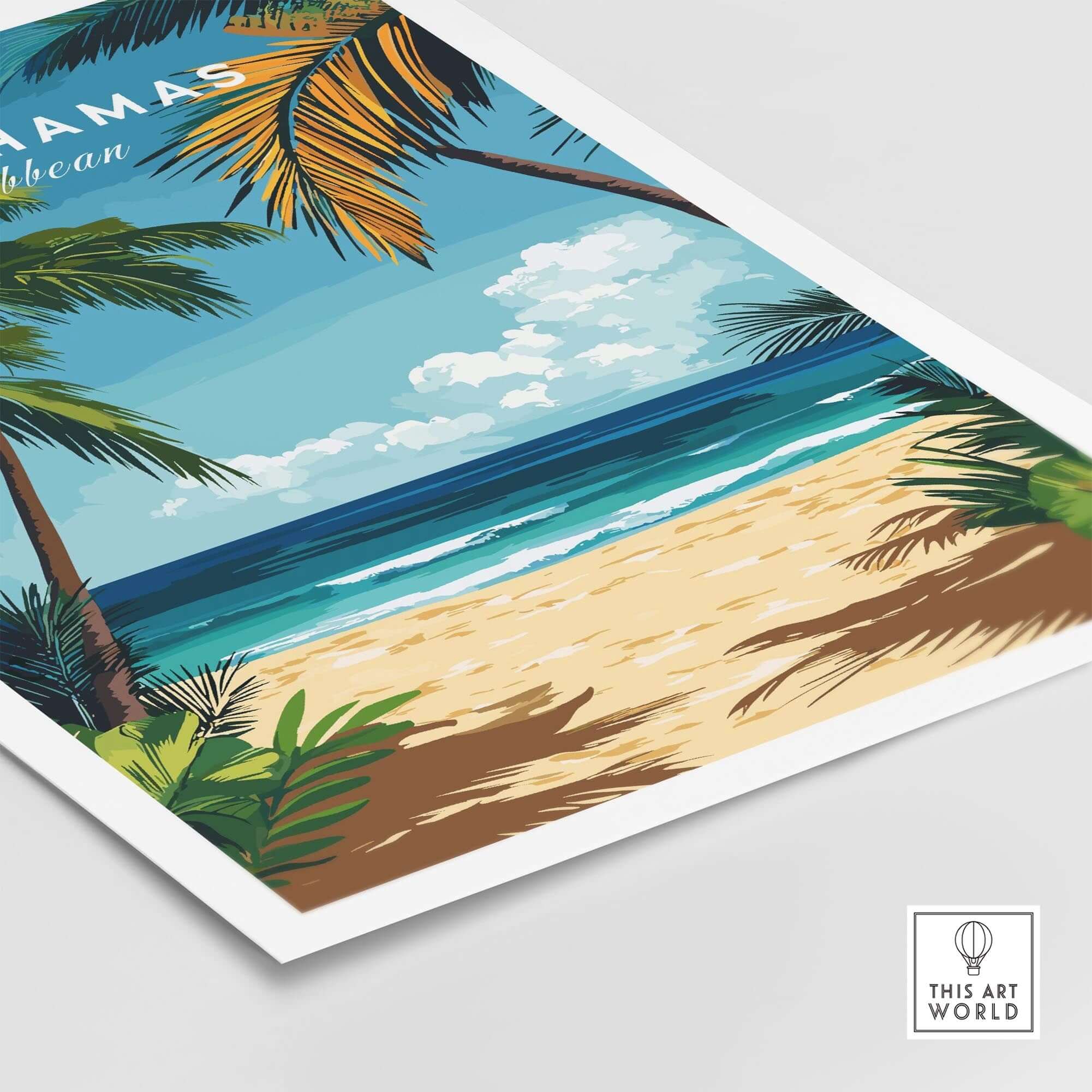 Bahamas Print vibrant Caribbean travel poster featuring palm trees and a beautiful beach scene.
