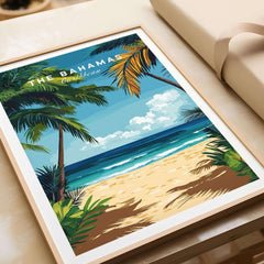 Bahamas Print featuring vibrant beach scene with palm trees and turquoise waters, perfect for tropical decor.
